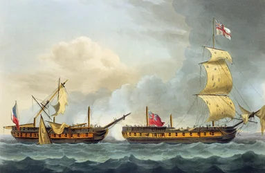 Captura de La Fique, 5 de janeiro de 1795, de "As Conquistas Navais da Grã-Bretanha", de James Jenkins, gravada por Thomas Sutherland (bc1785), publicada em 1816 (aquatinta colorida à mão)